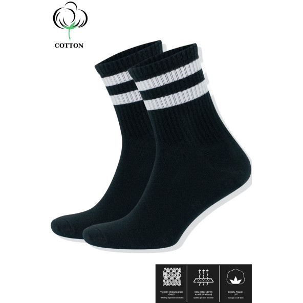 Erkek - Kadın (3 ÇİFT) Çizgili Kolej Tenis Çorabı Pamuklu Terletmez Çorap - 4