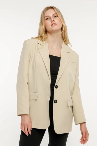 Taş Rengi Kadın Düğmeli Oversize Blazer Ceket - 2