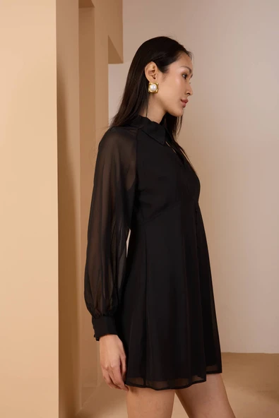 Gömlek Yaka Astarlı Midi Şifon Elbise - 4