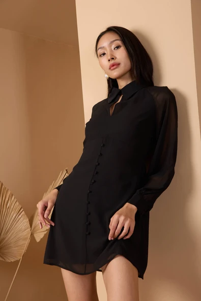 Gömlek Yaka Astarlı Midi Şifon Elbise - 11