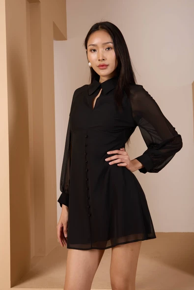 Gömlek Yaka Astarlı Midi Şifon Elbise