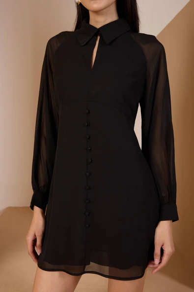 Gömlek Yaka Astarlı Midi Şifon Elbise - 5