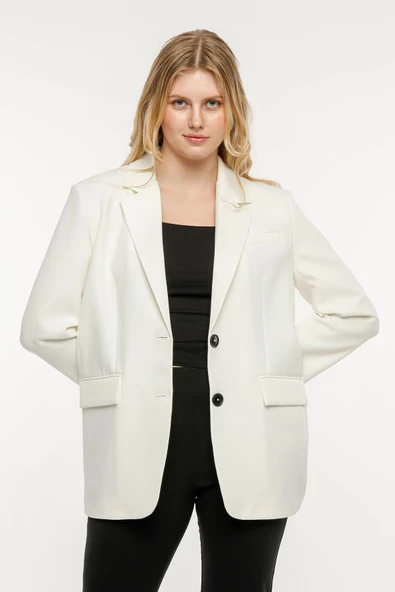 Ekru Kadın Düğmeli Oversize Blazer Ceket - 3