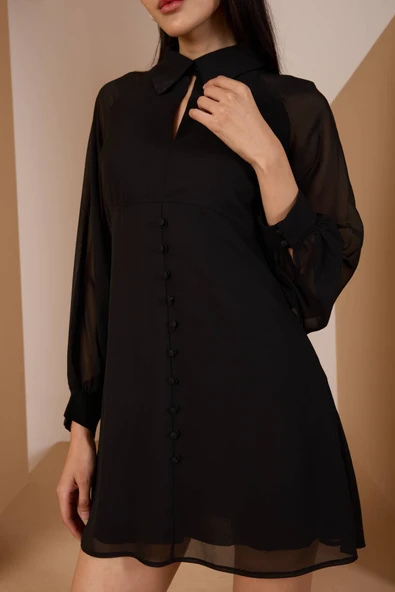 Gömlek Yaka Astarlı Midi Şifon Elbise - 6