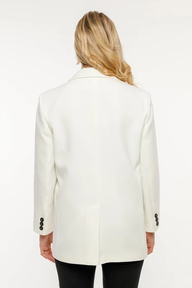 Ekru Kadın Düğmeli Oversize Blazer Ceket - 4