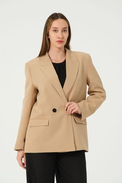 Camel Regular Astarlı Dokuma Oversize Blazer Ceket