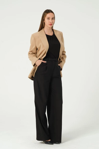 Camel Regular Astarlı Dokuma Oversize Blazer Ceket - Resim 6