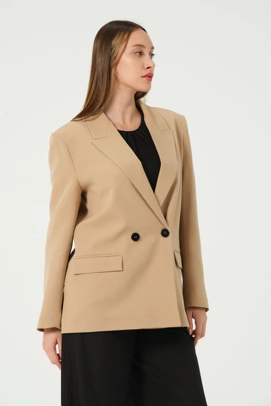Camel Regular Astarlı Dokuma Oversize Blazer Ceket - Resim 2
