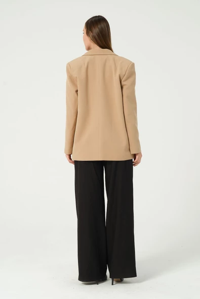 Camel Regular Astarlı Dokuma Oversize Blazer Ceket - Resim 3