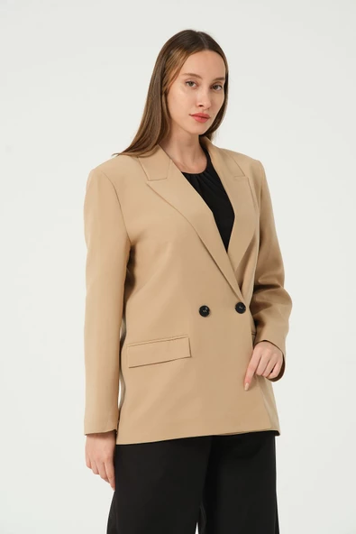 Camel Regular Astarlı Dokuma Oversize Blazer Ceket - Resim 5