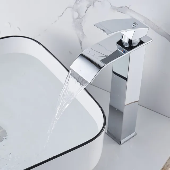 Krom Kare Çanak Lavabo Bataryası Oval Havza Şelale Model Uzun/yüksek Gümüş Gri Lavabo Musluğu Çift Girişli - 2