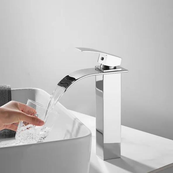 Krom Kare Çanak Lavabo Bataryası Oval Havza Şelale Model Uzun/yüksek Gümüş Gri Lavabo Musluğu Çift Girişli - 3