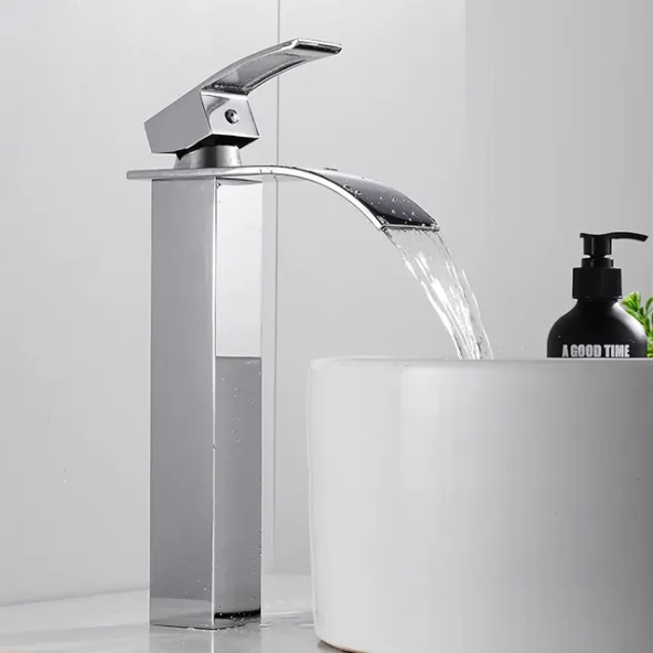 Krom Kare Çanak Lavabo Bataryası Oval Havza Şelale Model Uzun/yüksek Gümüş Gri Lavabo Musluğu Çift Girişli - 4