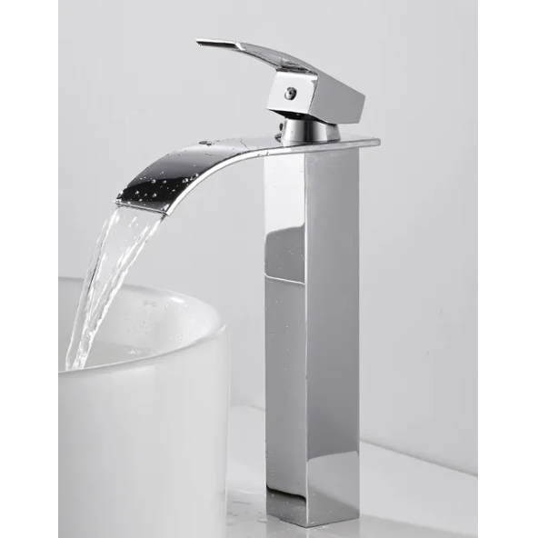 Krom Kare Çanak Lavabo Bataryası Oval Havza Şelale Model Uzun/yüksek Gümüş Gri Lavabo Musluğu Çift Girişli - 5