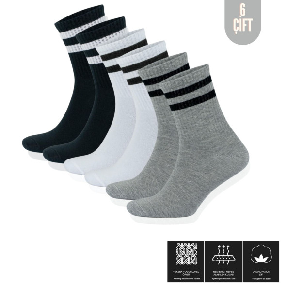 Erkek - Kadın (6 ÇİFT) Çizgili Kolej Tenis Çorabı Pamuklu Terletmez Çorap - 3