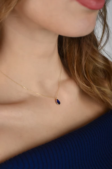 ÇG Kly62 Mavi Taşlı Altın Kolye - 2