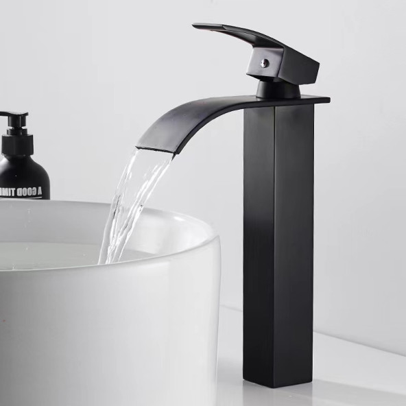 Siyah Kare Çanak Lavabo Bataryası Oval Çıkış Havza Şelale Model Uzun/yüksek Lavabo Musluğu Çift Girişli - 2