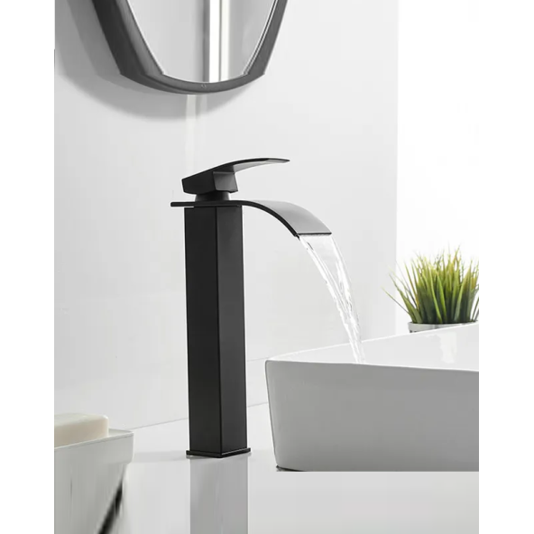 Siyah Kare Çanak Lavabo Bataryası Oval Çıkış Havza Şelale Model Uzun/yüksek Lavabo Musluğu Çift Girişli - 3