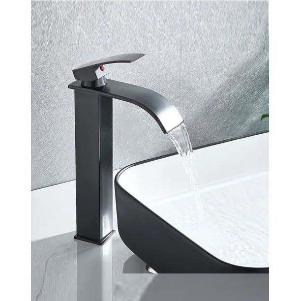 Siyah Kare Çanak Lavabo Bataryası Oval Çıkış Havza Şelale Model Uzun/yüksek Lavabo Musluğu Çift Girişli - 5