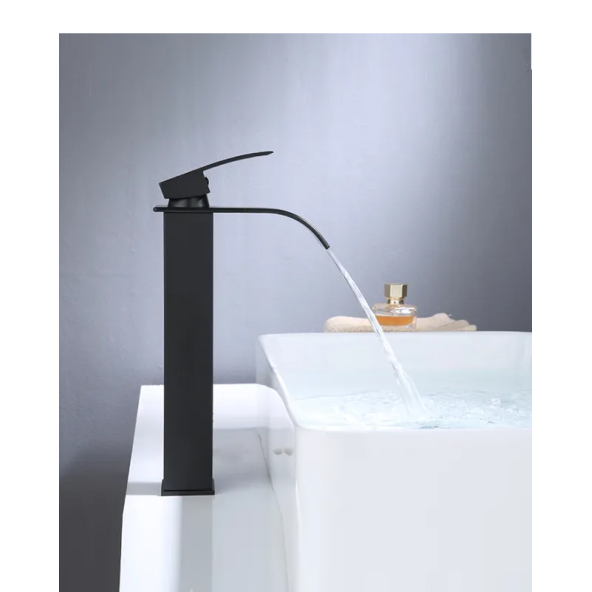 Siyah Kare Çanak Lavabo Bataryası Oval Çıkış Havza Şelale Model Uzun/yüksek Lavabo Musluğu Çift Girişli - 6