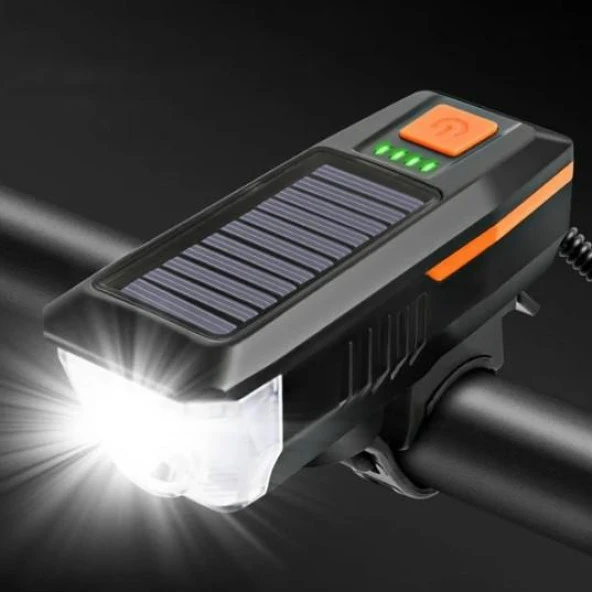 Güneş Enerjili Usb Şarjlı Bisiklet Lambası Solar Fener Ön Far Işık Aydınlatma Kornalı Turuncu ürün görseli 1