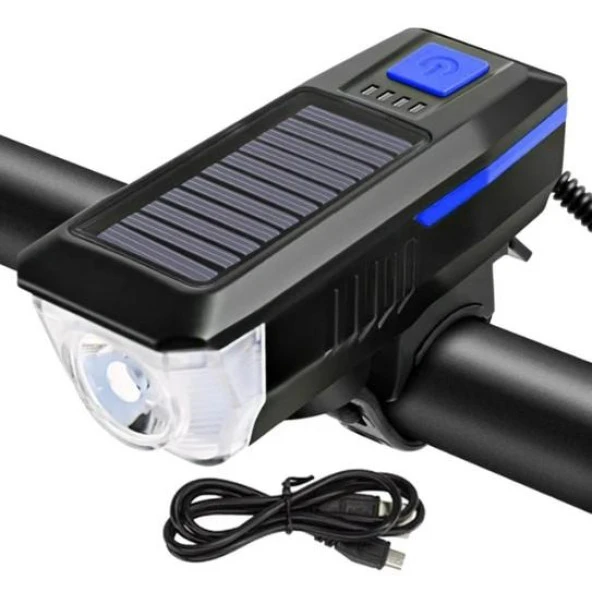 Güneş Enerjili Usb Şarjlı Bisiklet Lambası Solar Fener Ön Far Işık Aydınlatma Kornalı Mavi - 2