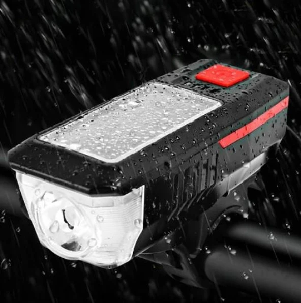 Güneş Enerjili Usb Şarjlı Bisiklet Lambası Solar Fener Ön Far Işık Aydınlatma Kornalı Mavi - 3