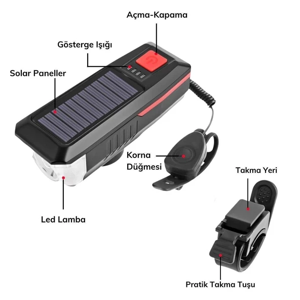 Güneş Enerjili Usb Şarjlı Bisiklet Lambası Solar Fener Ön Far Işık Aydınlatma Kornalı Turuncu - 8