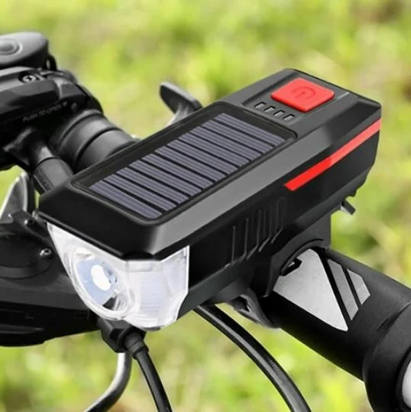 Güneş Enerjili Usb Şarjlı Bisiklet Lambası Solar Fener Ön Far Işık Aydınlatma Kornalı Kırmızı - 5