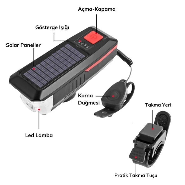 Güneş Enerjili Usb Şarjlı Bisiklet Lambası Solar Fener Ön Far Işık Aydınlatma Kornalı Kırmızı - 8