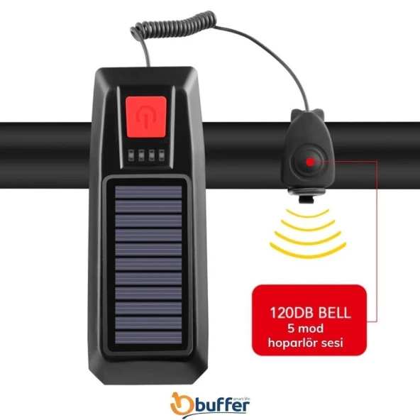 Güneş Enerjili Usb Şarjlı Bisiklet Lambası Solar Fener Ön Far Işık Aydınlatma Kornalı Kırmızı - 9