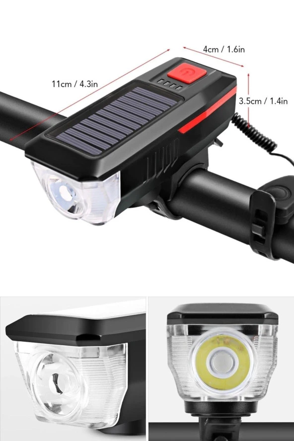Güneş Enerjili Usb Şarjlı Bisiklet Lambası Solar Fener Ön Far Işık Aydınlatma Kornalı Kırmızı - 10