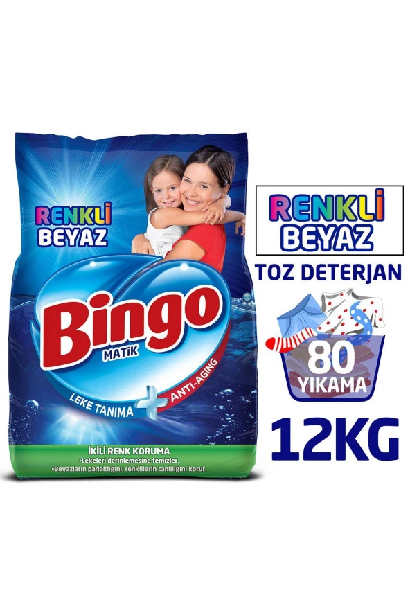 Bingo Matik Renkli Beyaz 12 kg Beyazlar ve Renkliler için Toz Çamaşır Deterjanı