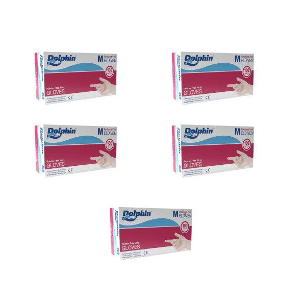Dolphin Pudrasız Vinil Vinyl Tek Kullanımlık Eldiven Şeffaf Medium Orta Boy - 100'lü 5 Paket