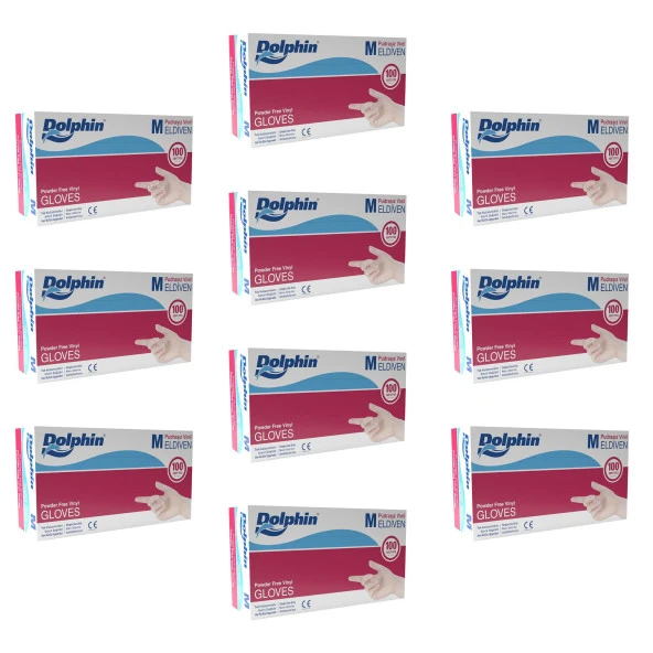 Dolphin Pudrasız Vinil Vinyl Tek Kullanımlık Eldiven Şeffaf Medium Orta Boy - 100'lü 10 Paket