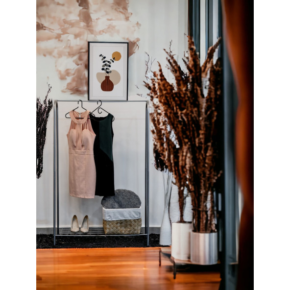 DEKORATİF ÇOK AMAÇLI GRİ METAL AYAKLI ELBİSE ASKILIĞI TEK RAFLI PORTMANTO VE KONFEKSİYON ASKILIĞI - Resim 2