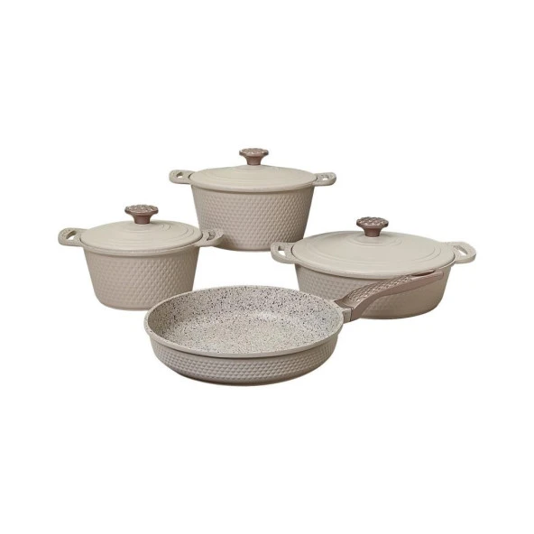 Oms Triana 7 Parça Granit Döküm Tencere Seti Krem 3536
