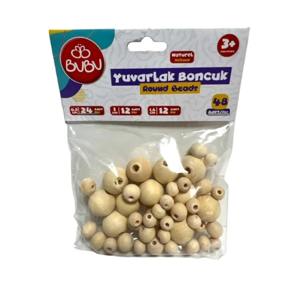 BU-BU 0.8cm-1cm-1.6cm- Ahşap Naturel Renk Yuvarlak Boncuk Karışık Poşetli 48li