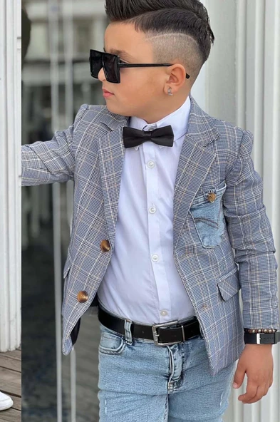 Erkek Çocuk Çizgili Blazer Ceket Kot Pantolon Mavi Alt Üst Takım - 2