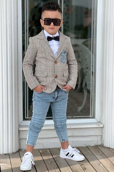 Erkek Çocuk Çizgili Blazer Ceket Kot Pantolon Sarı Alt Üst Takım - 4