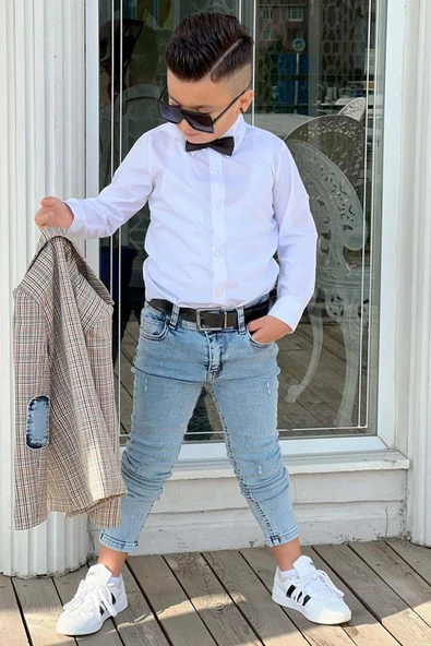 Erkek Çocuk Çizgili Blazer Ceket Kot Pantolon Sarı Alt Üst Takım - Resim 5