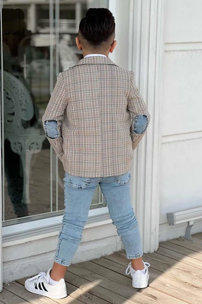 Erkek Çocuk Çizgili Blazer Ceket Kot Pantolon Sarı Alt Üst Takım - Resim 6
