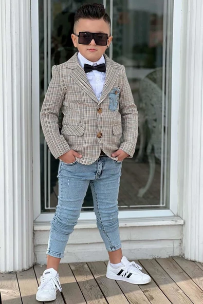 Erkek Çocuk Çizgili Blazer Ceket Kot Pantolon Sarı Alt Üst Takım - Resim 4