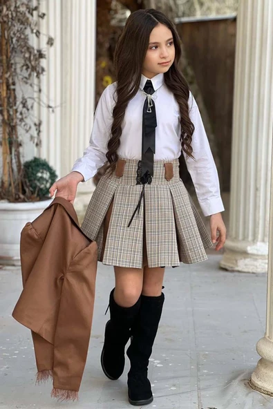 Kız Çocuk Blazer Ceket, Kravat Çizgili Kahverengi Etekli Takım - Resim 3