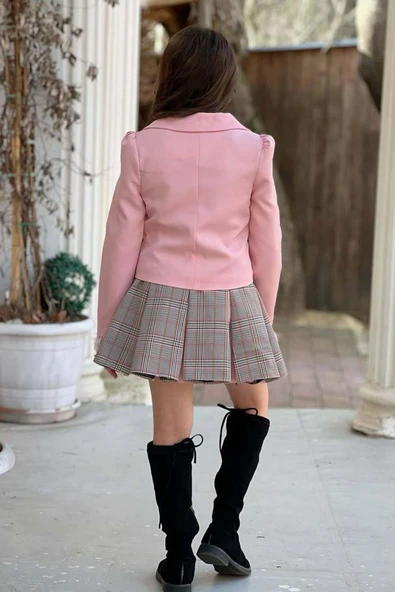 Kız Çocuk Blazer Ceket, Kravat Çizgili Pembe Etekli Takım - Resim 4