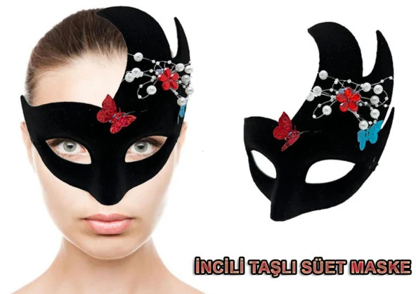 Siyah Renk İncili Taşlı Süet Kaplama Venedik Parti Maskesi 20x22 cm