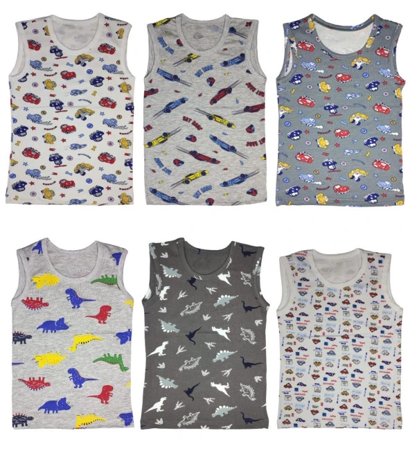 6 Adet Likralı Erkek Çocuk Empirme Desenli Mody Penye Sıfır Kol Atlet-Tişört