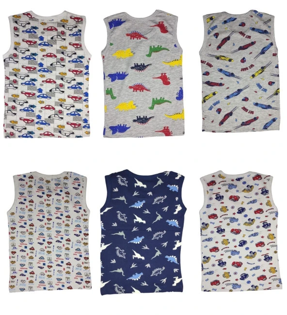 6 Adet Likralı Erkek Çocuk Empirme Desenli Mody Penye Sıfır Kol Atlet-Tişört - 4