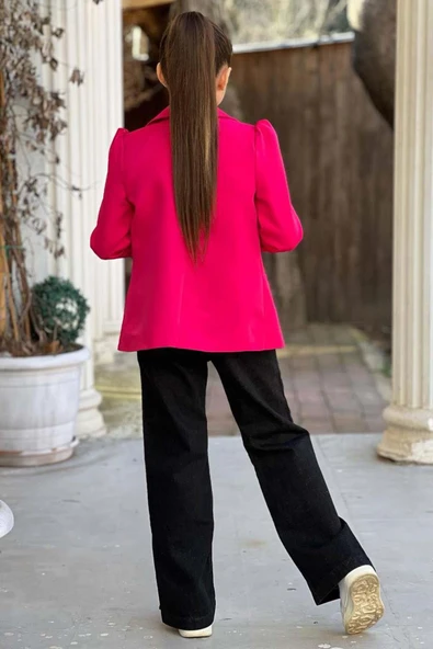 Kız Çocuk Leopar Yazı ve Digital Baskılı Tişört Bol Kesim Pantolon Fuşya Blazer Ceket Alt Üst Takım - Resim 8