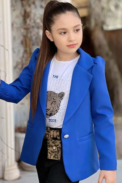 Kız Çocuk Leopar Yazı ve Digital Baskılı Tişört Bol Kesim Pantolon Mavi Blazer Ceket Alt Üst Takım - 4